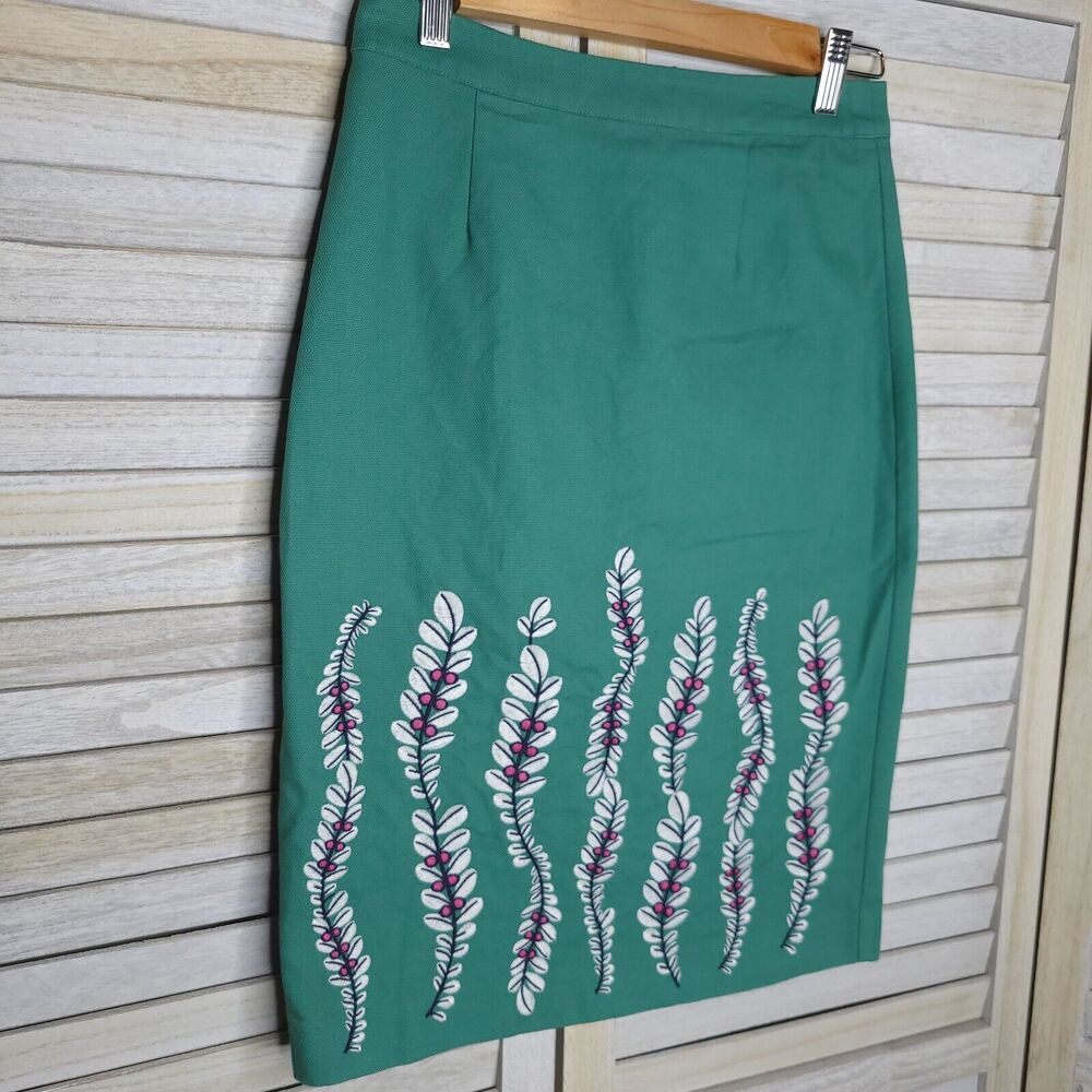 Boden Embroidered A Line Pencil Skirt Floral Green 2 Regular Lined  XS 26 Womens